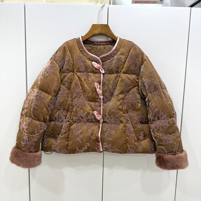 8002欧洲站25冬蝴蝶结三粒扣雪尼尔提花水貂毛袖口高端鹅绒羽绒服