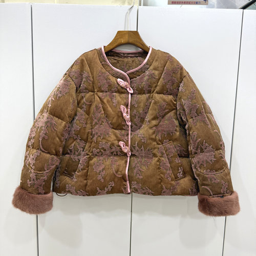 8002欧洲站25冬蝴蝶结三粒扣雪尼尔提花水貂毛袖口高端鹅绒羽绒服