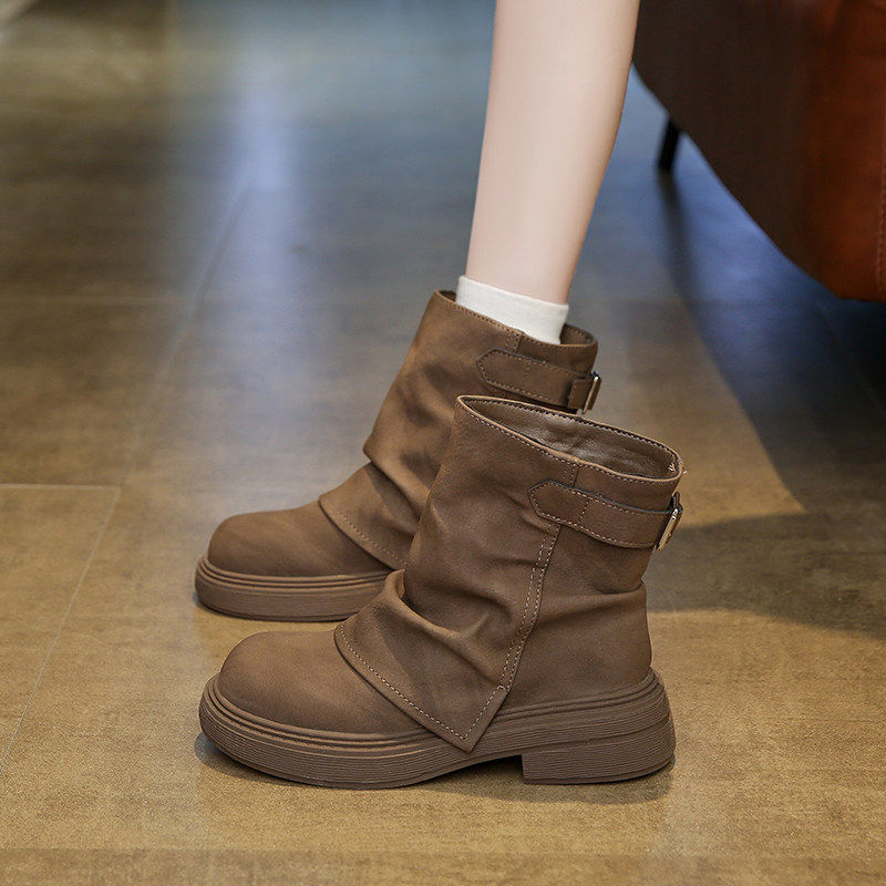 冬季韩版复古厚底短靴女裤管靴新款皮带扣褶皱瘦瘦靴英伦风马丁靴,女鞋,马丁靴,淘宝优惠券,粉丝福利购,淘宝优惠卷