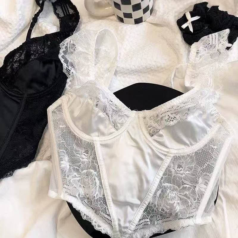 法式蕾丝拼接文胸马甲式胸罩女薄款塑身显瘦有钢圈性感内衣可外穿