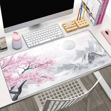 Sakura and Snow Mountain Theme Pattern Mouse Pad, Anti-slip