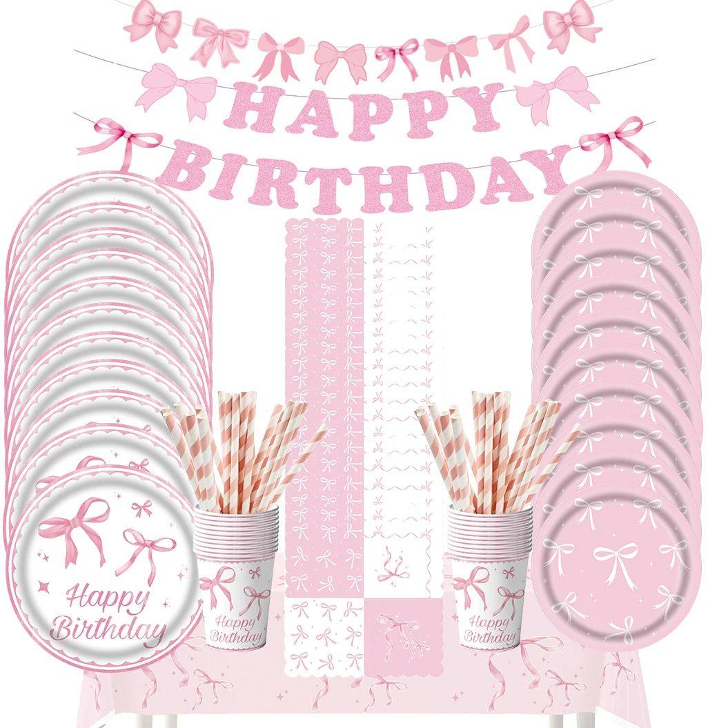 Pink bow Birthday Disposable Tableware Set Paper Plates Cups