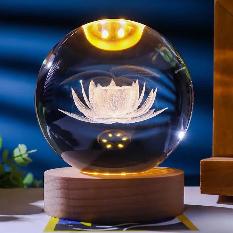 1pc 3D Lotus crystal ball color laser engraving night light,