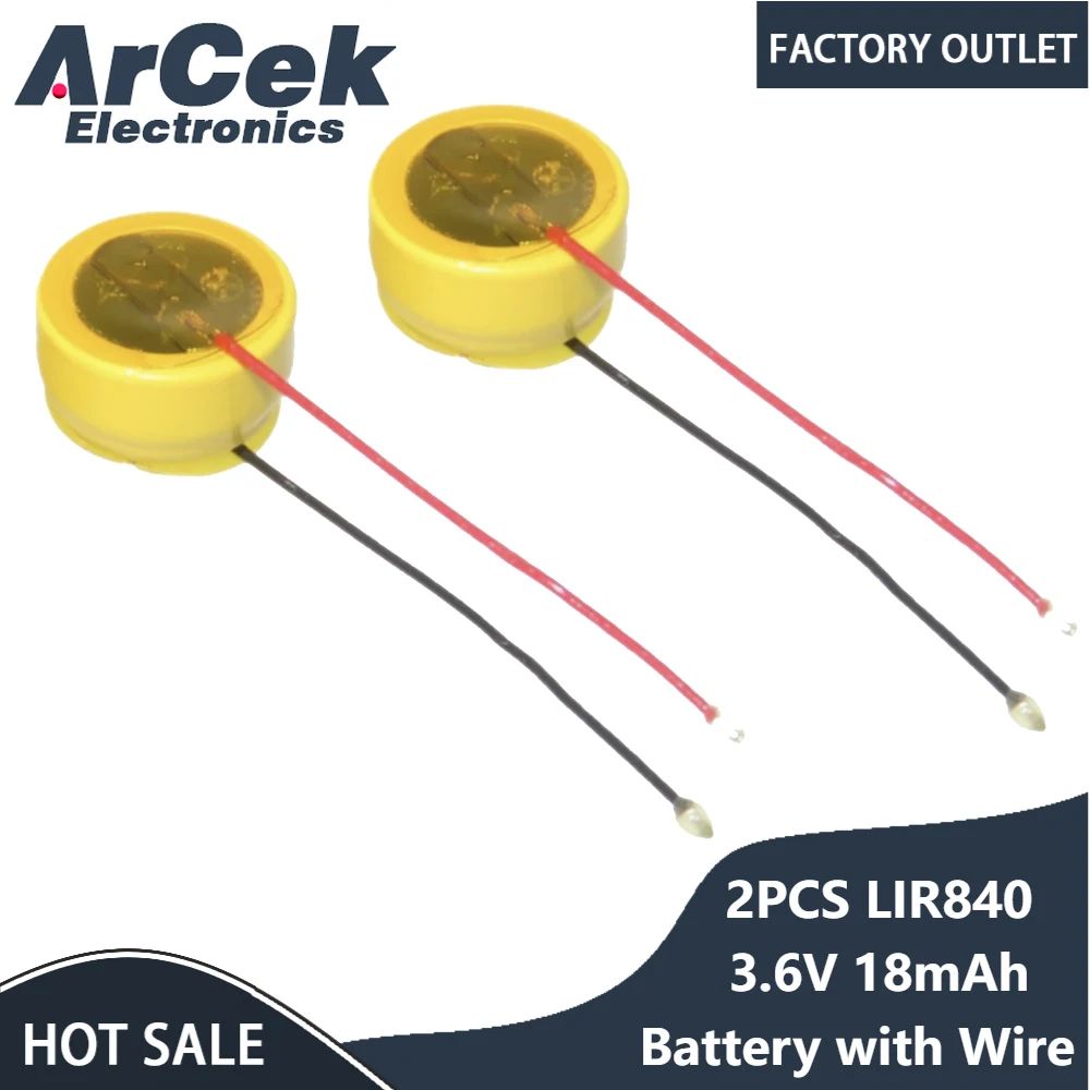 2PCS LIR840 Rechargeable Button Battery with Wire 3.6V 18mAh