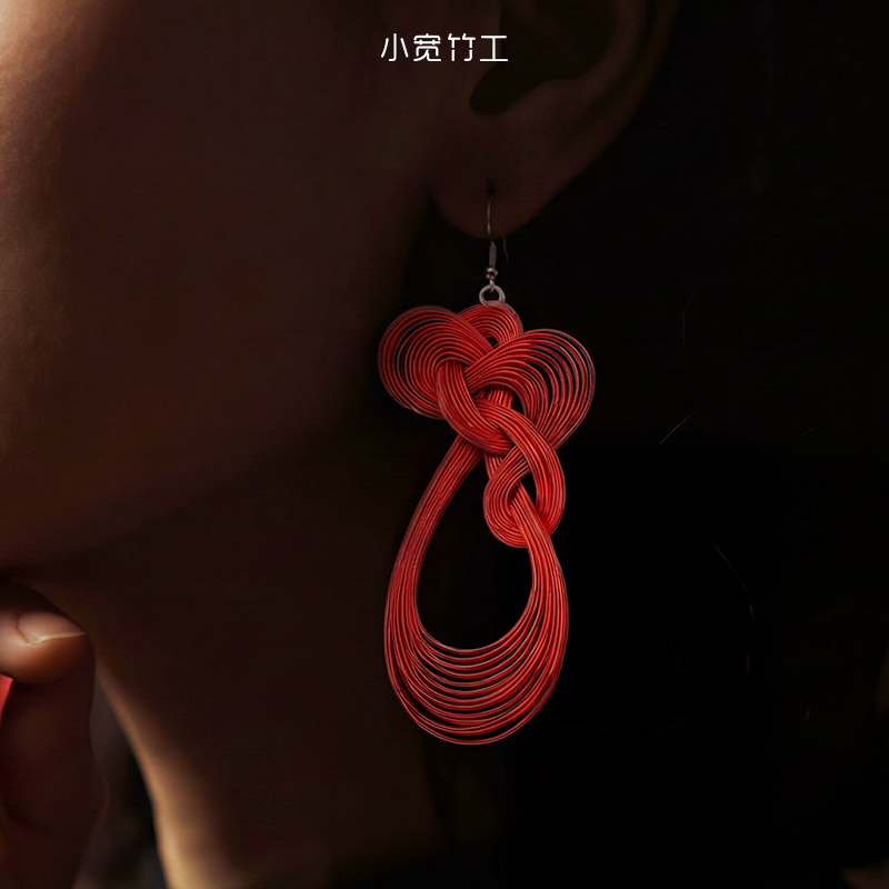 中国竹编艺术「非遗手工制作」小宽竹工竹编福马胸针红色竹编耳环