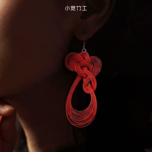 中国竹编艺术「非遗手工制作」小宽竹工竹编福马胸针红色竹编耳环