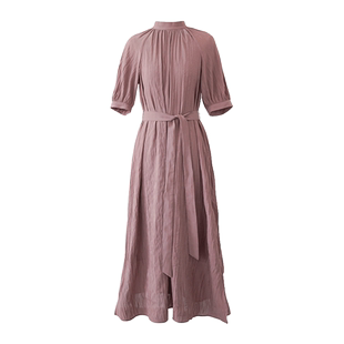 【到手399元】优雅法式立领褶皱纹理泡泡短袖连衣裙收腰长裙子女