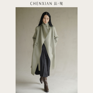 羊毛斗篷外套宽松女冬 CHENXIAN辰现大波浪翻领双面呢子大衣中长款