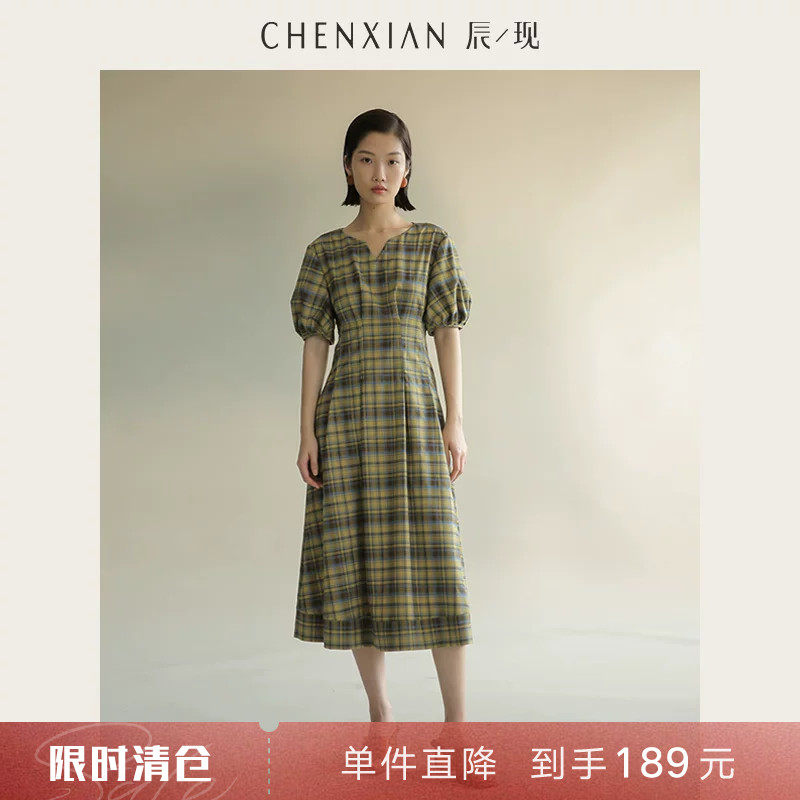 CHENXIAN法式格子泡泡短袖裙子图片