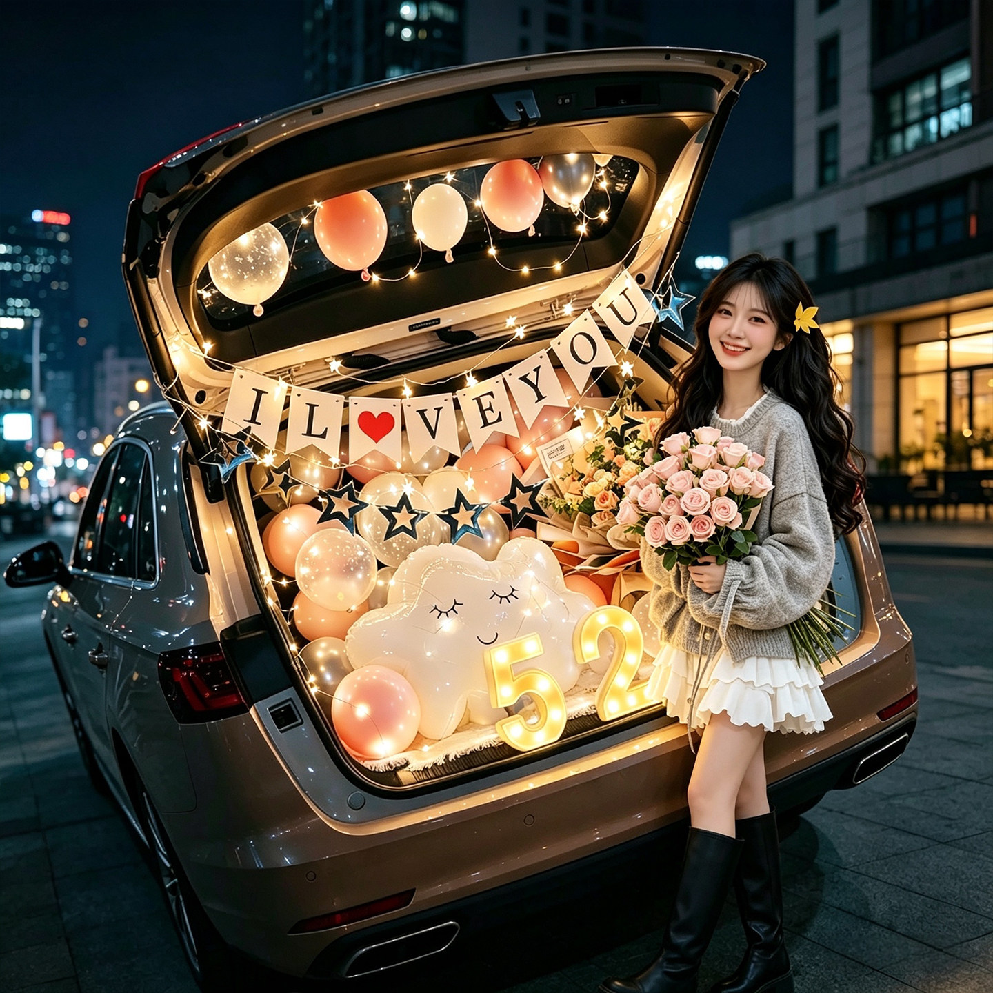 汽车后备箱惊喜布置七夕情人节装饰求婚表白女朋友生日车尾箱布置