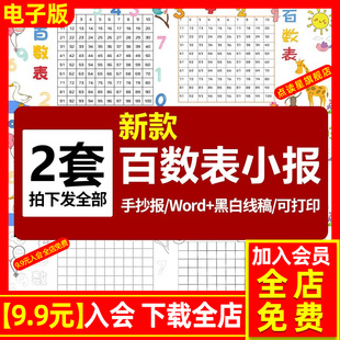 百数表儿童绘画手抄报小学生百数图可涂色电子小报a3线描稿a4模板