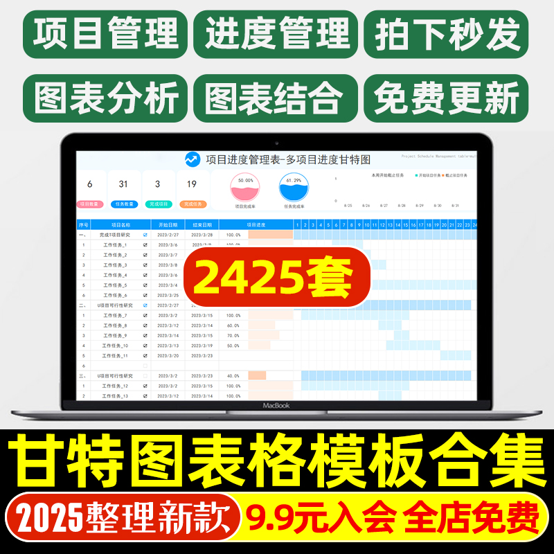 甘特图excel表格多项目进度管理跟踪全年工作计划施工日程横道图