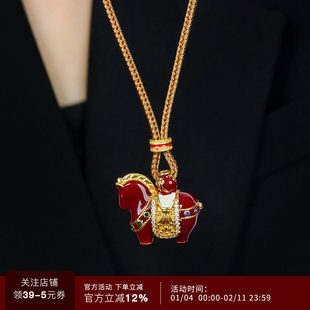 小马项链女中式国风马年本命年红色小马吊坠项链编织绳毛衣链