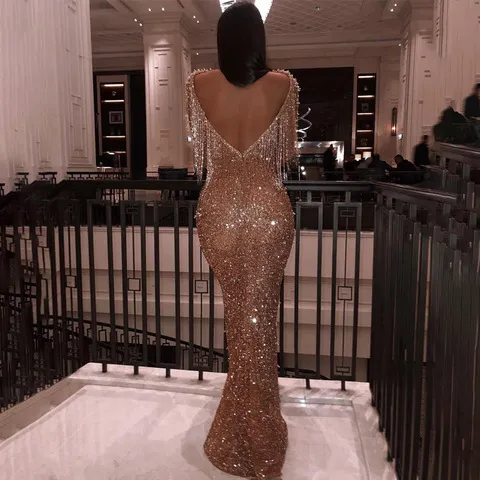 春季长袖女装欧美长裙金灿灿礼服ebay2025亚马逊露背新款外贸休闲