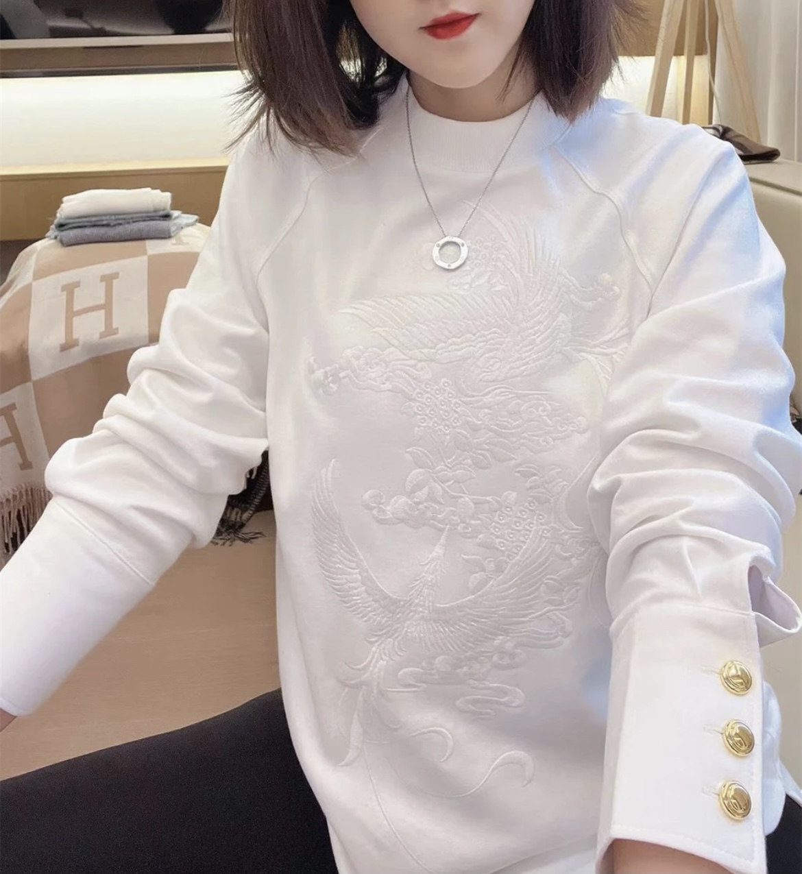 国风刺绣加厚卫衣早春中长款上衣