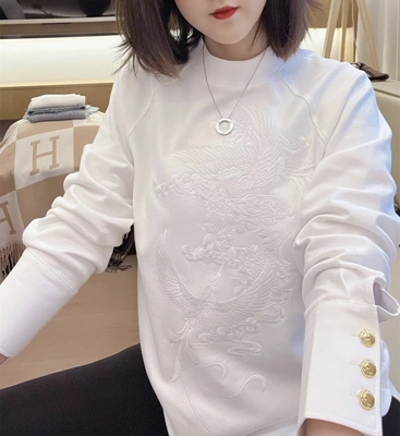 国风刺绣加厚卫衣早春中长款上衣