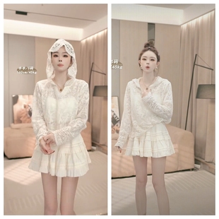 小个子短裙两件 女2025年新款 春季 穿搭一整套裙蕾丝边重工钩花帽衫