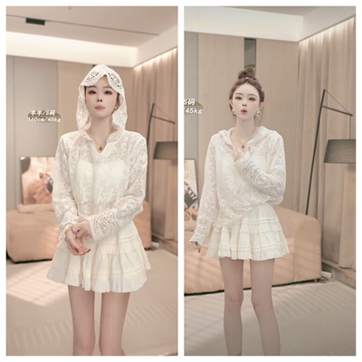 春季穿搭一整套裙蕾丝边重工钩花帽衫女2025年新款小个子短裙两件