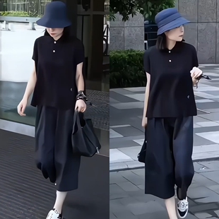 休闲套装 两件套2025新款 显瘦polo衫 t恤上衣女百搭阔腿裤 短袖 夏季