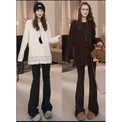 设计感下摆蕾丝拼接双面德绒长袖打底衫女2025冬季新款中长上衣厚