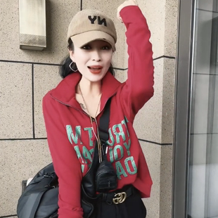 红色立领半拉链卫衣女2022秋季新款宽松百搭套头街头休闲百搭上衣