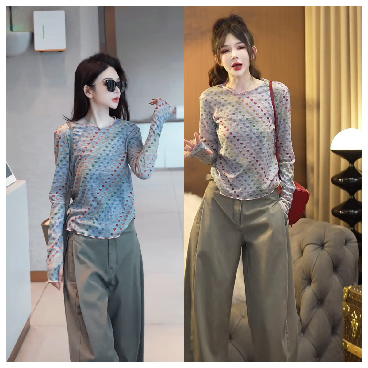 明明爱心印花长袖防晒衣女t恤2025夏季薄款洋气速干冰凉上衣百搭