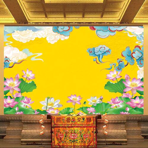七彩祥云荷花仙道佛神台装饰壁画壁纸佛堂莲花祥云背景墙纸画壁布