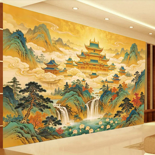 天庭天宫阁楼仙境墙纸佛堂金色祥云荷花壁纸仙家神台背景墙装饰画