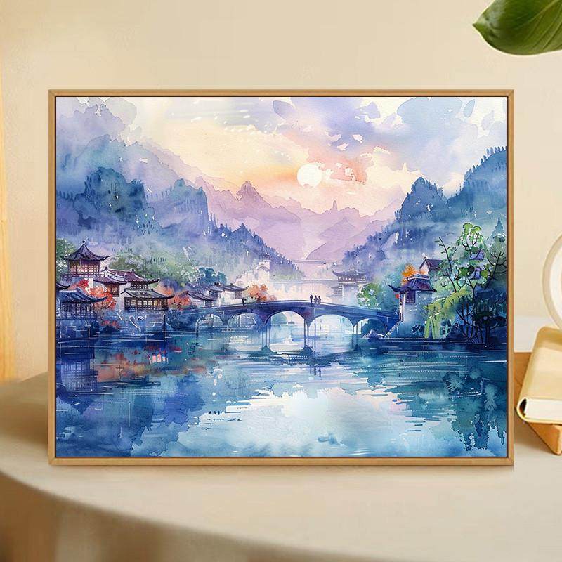 中式山水风景数字油画diy手绘画画填色高级感丙烯油彩涂色填充画,家居饰品,DIY/数字油画,淘宝优惠券,粉丝福利购,淘宝优惠卷