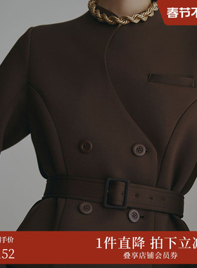 AMERI时尚休闲干练设计感伞裙式直筒带腰带长款大衣01220760720