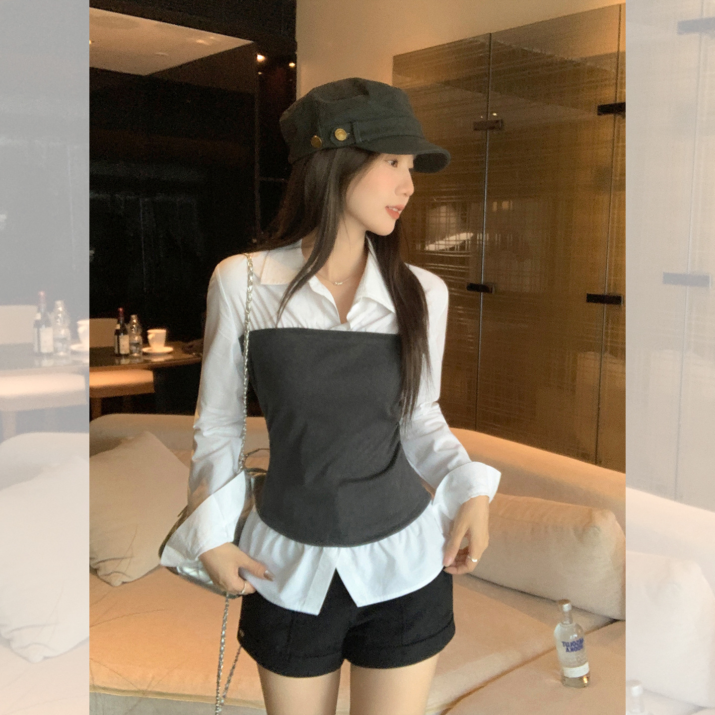 撞色POLO领拼接假两件长