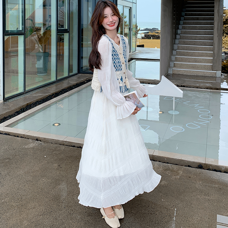 韩系高级感白色漂亮独特连衣裙2025春新款针织马甲超仙长裙两件套，女装连衣裙，HH服饰