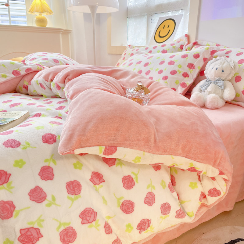 加厚牛奶绒床上四件套冬季羊羔绒双面法兰珊瑚绒被套床单三床笠款