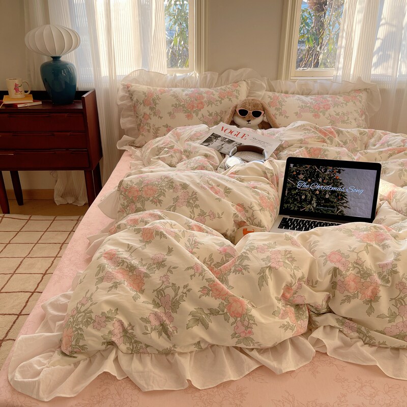 ins法式复古风花边全棉四件套学生宿舍三件套纯棉碎花床上用品笠4