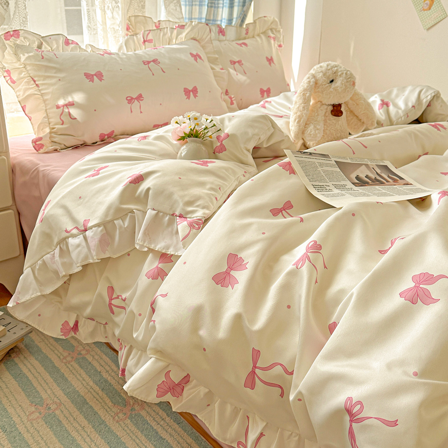 2026新款韩版冰丝四件套公主花边水洗真丝三件套少女温柔宿舍床品