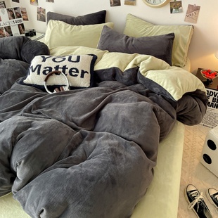 ins风简约纯色双拼牛奶绒四件套冬季 加厚加绒珊瑚法兰绒三件床笠3