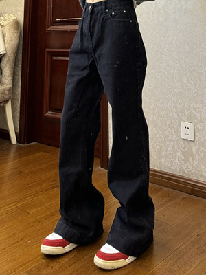 AU8OFCLUB 街风格小众暗黑拖地纯黑色磨毛牛仔裤阔腿喇叭裤显瘦男