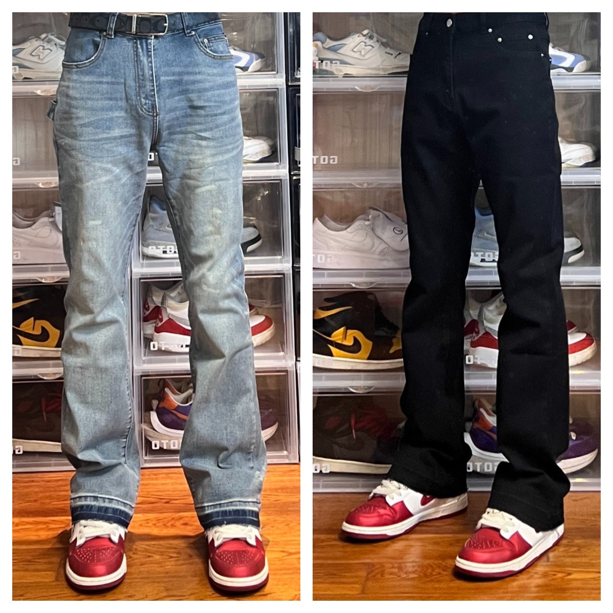 AU8OFCLUB基础水洗黑色微喇叭设计牛仔裤弹力直筒纯色百搭长裤