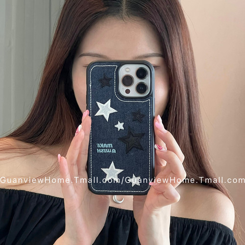 小众ins牛仔布刺绣星星手机壳