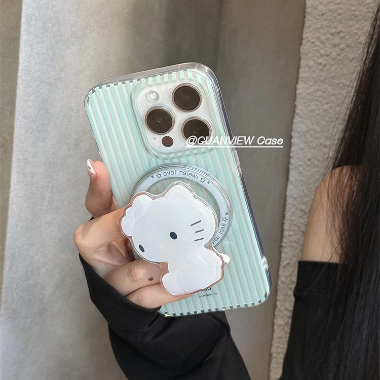 简约绿色条纹kt猫磁吸支架手机壳