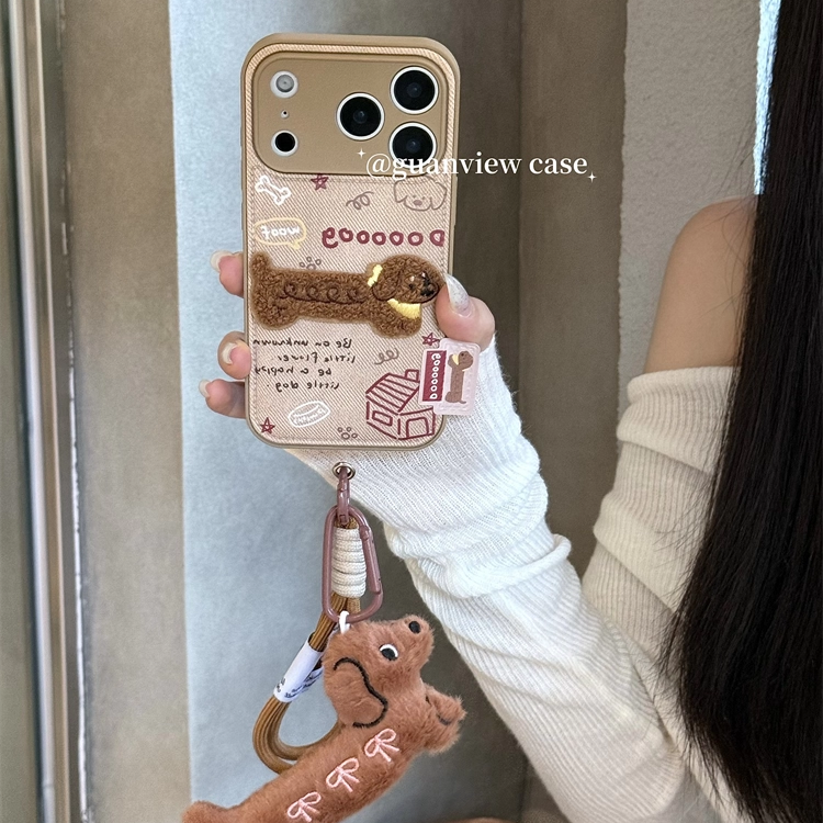 卡通布艺毛绒刺绣腊肠狗狗手机壳