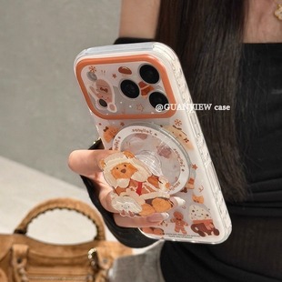guanview 14双层13转转磁吸支架16promax防摔套 ins可爱小棕熊云朵背包适用iphone17promax苹果16pro手机壳15