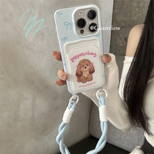 guanview ins奶蓝蝴蝶结泰迪狗卡包适用17promax苹果15手机壳iphone16手腕挂绳12可爱13插卡14pro防摔保护套
