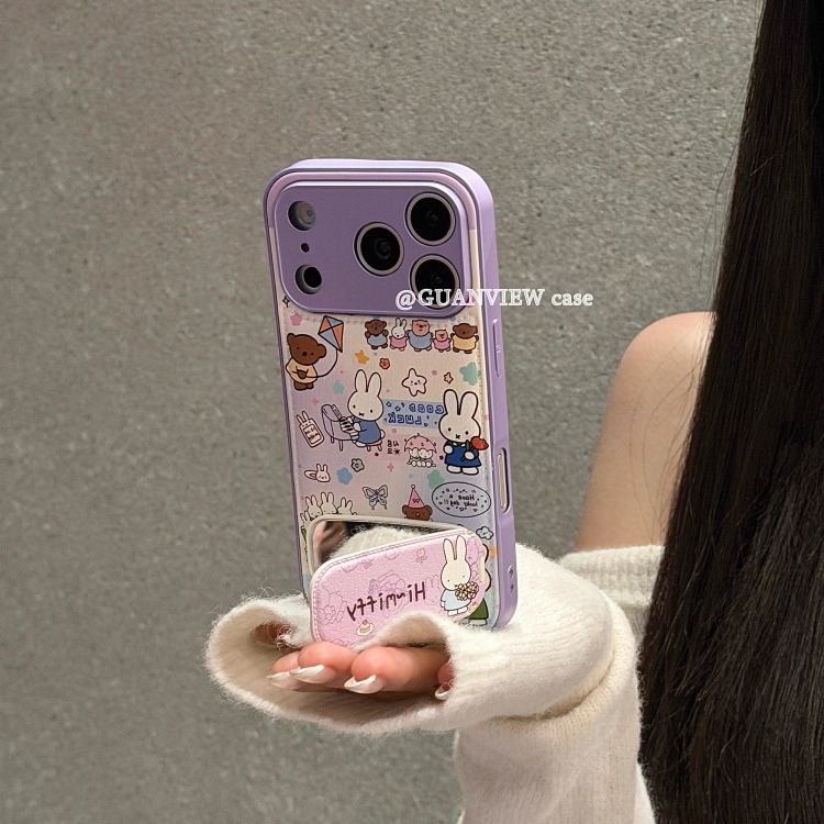 皮质紫色米菲兔家族手机壳