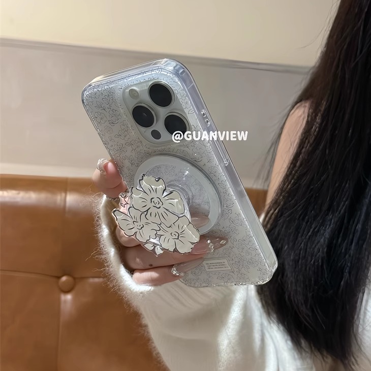 小众法式素描花朵磁吸支架手机壳