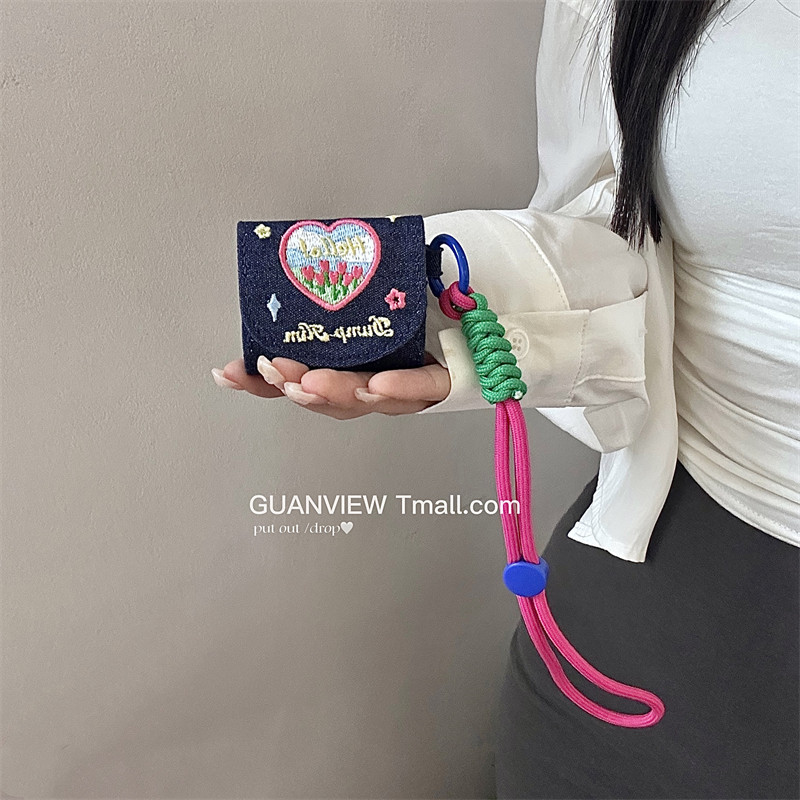 guanview 翻盖刺绣郁金香爱心挂绳适用airpodspro3苹果无线蓝牙4代耳机壳Airpods3代软牛仔帆布pro2代防摔女,3C数码配件,手机保护套/壳,淘宝优惠券,粉丝福利购,淘宝优惠卷