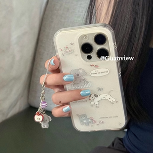 guanview ins做旧泼墨斑点狗考拉挂件适用iphone16promax苹果15手机壳17pro可爱13防摔15promax圆边14保护套