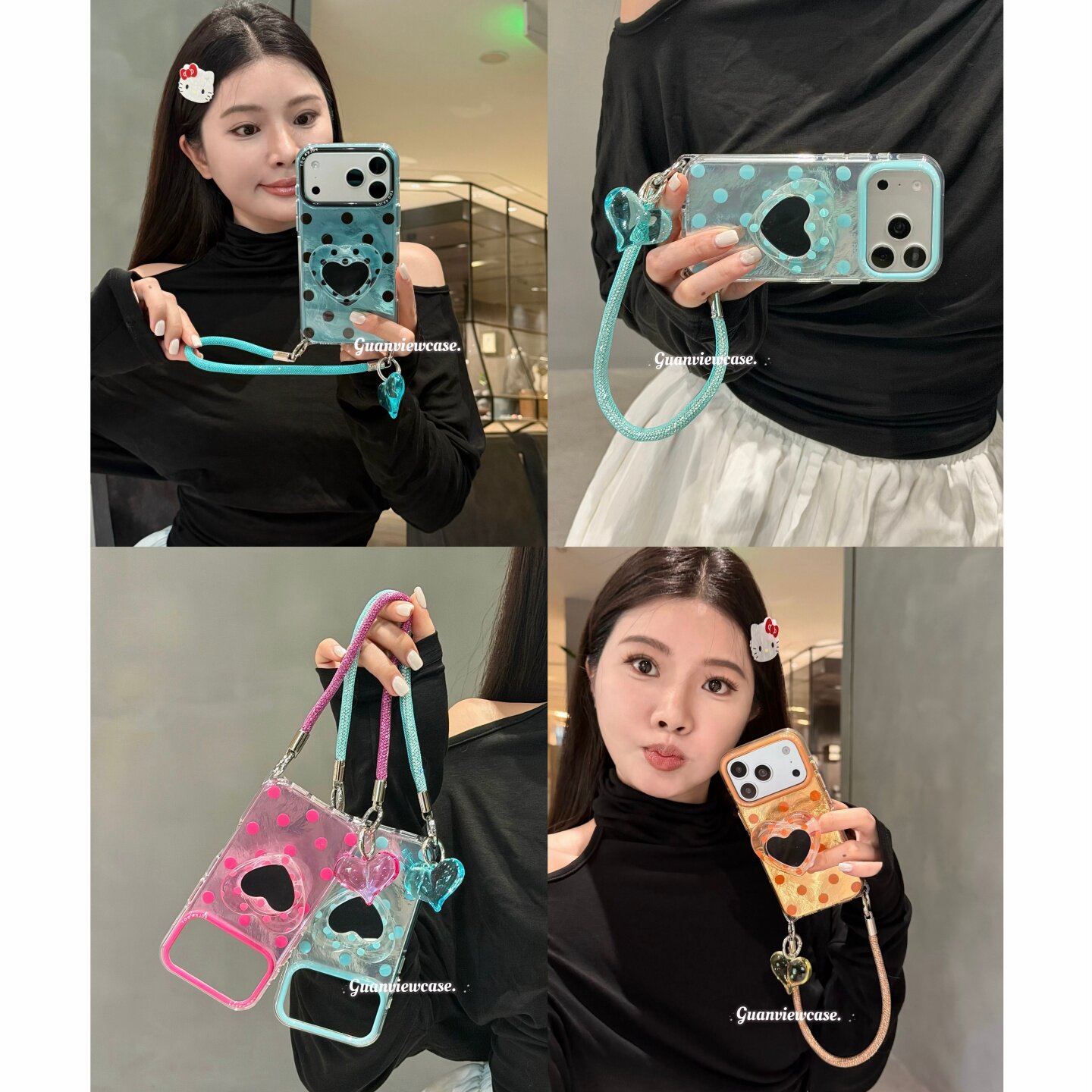 guanview 少女ins波点镭射爱心支架16适用17Pro苹果18ProMax手机壳挂链iPhone17ProMax高级感15pro全包保护套