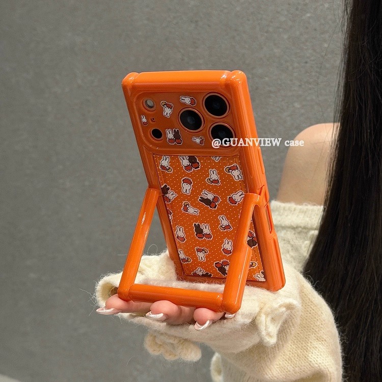 方形橙色皮纹波点米菲兔手机壳