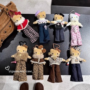 guanview 秋冬美拉德长腿猫hellokitty包包挂饰毛衣黑皮kt毛绒可爱玩偶钥匙爱心扣挂件款适用精致少女心礼物